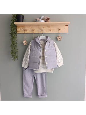 Hippıl Baby Düz Renk Süet Yelek Pantolon Çizgili Kapüşonlu Sweatshirt 3 Lü Erkek Çocuk Takım