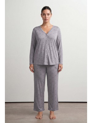 Hays Kadın Plus Size Viskoz Uzun Kollu Gömlek Uzun Pijama Takımı