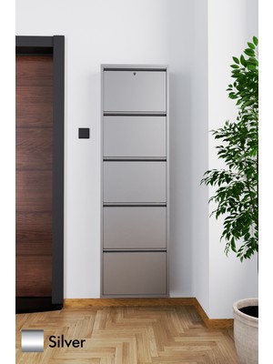EVDEMO Kilitli 5 Kapaklı Metal Ayakkabılık Silver
