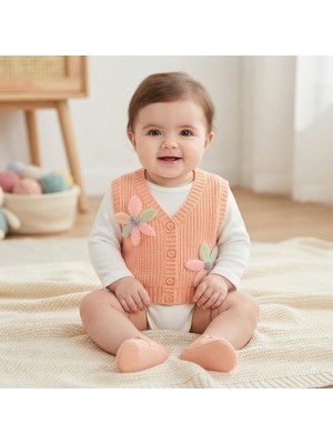 Erca Home Tekstil Ürünleri Selanik Desenli Pamuklu Çiçekli Triko Yelek 6 Ay,5y Kız