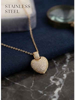 Stainless Steel 316L Çelik Zincir Gold Renk Zirkon Taşlı Kalpli Kolye