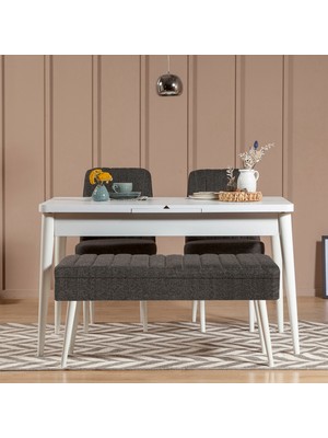 Uvi Collection Vina Açılır Mutfak Masa Takımı Beyaz Antrasit (1 Masa + 2 Sandalye + 1 Bench)