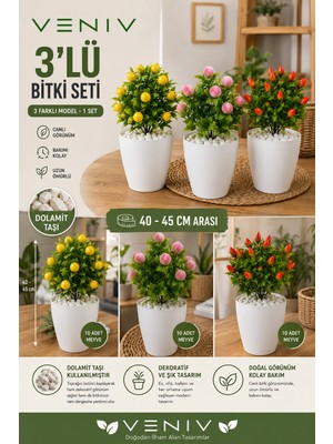 Veniv 3’lü Dekoratif Yapay Bitki Seti | 40-45 cm | Dolamit Taşlı | 10 Meyveli