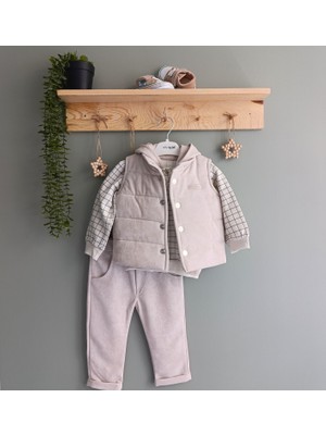 Hippıl Baby Düz Renk Süet Yelek Pantolon Çizgili Kapüşonlu Sweatshirt 3 Lü Erkek Çocuk Takım