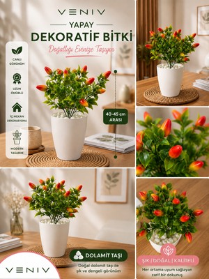 Veniv Yapay Dekoratif Kırmızı Meyve Bitkisi 40-45 cm | Dolomit Taşlı Beyaz Saksılı