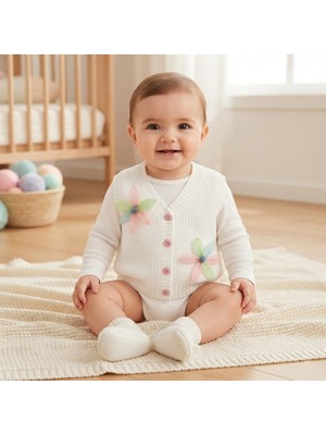 Erca Home Tekstil Ürünleri Selanik Desenli Pamuklu Çiçekli Triko Yelek 6 Ay,5y Kız