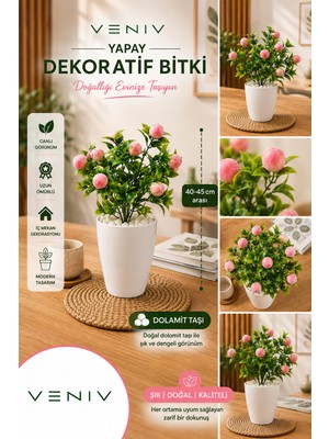 Veniv Yapay Dekoratif Pembe Meyveli Bitki | 40-45 cm | Dolamit Taşlı | Saksılı