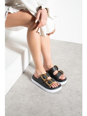 İmershoes Günlük Kadın Terlik Çift Tokalı Metal Detaylı Yumuşak Rahat Hafif Ortopedik Taban E-474