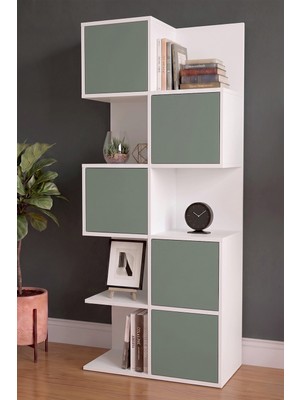 Yurupa Bianco 5 Kapaklı Kitaplık Modern Çok Amaçlı Dolaplı Salon Ofis Kitaplığı Beyaz-Yeşil Ban2-Wy