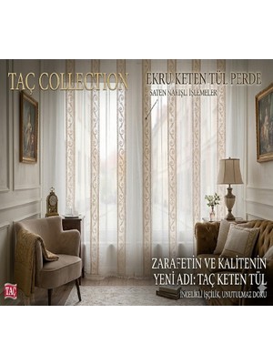 Taç Keten Tül Perde-1/2 Pile (Seyrek Pile)-En: 300 cm