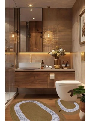 St. Morritz Banyo Paspas Takımı Hasır Jüt 2’li Oval Kaymaz Taban Su Emici Banyo Halısı Dekoratif Klozet Paspası