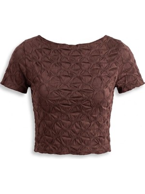 Hiccup Kadınlar Kısa Kollu Dokulu Kayık Yaka Slim Fit Crop Tişört Ceviz Kahve