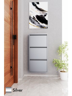 EVDEMO Kilitli 3 Kapaklı Metal Ayakkabılık Silver