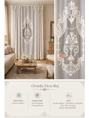 Casa Naturale Ornella Keten Görünümlü Panel Perde Ekru Nakışlı 7189-04-028.01