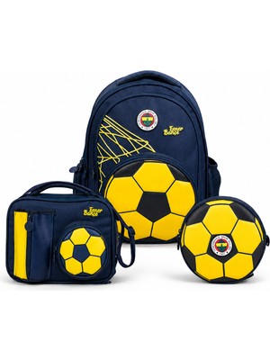 Fenerbahçe Lisanslı Futbol Topu Tasarımlı 3'lü Okul Çantası Seti - Sırt Çantası, Beslenme Çantası ve Kalem Çantası