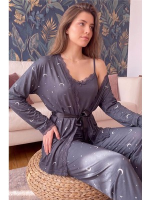 Pijama Evi Antrasit Ay Yıldız Desenli Bambu Sabahlıklı Kadın Pijama Seti