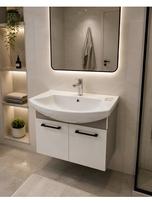 Turkuaz Lavabolu 75 cm Banyo Dolabı , Duvara Asma , Mdflam Beyaz Renk
