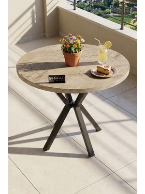 Bezos Mutfak Masası 90 cm Yuvarlak Masa Modern Metal Ayaklı Cafe Balkon Ofis Yemek Masası 9826 Traverten