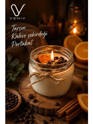 Veniv 300 gr Kahve Çekirdeği + Portakal + Tarçın Kokulu Gerçek Ambiyans Mumu- Cam Ambalaj