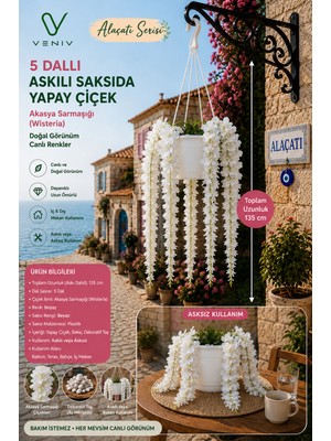 Veniv 5 Dallı Yapay Akasya Sarmaşığı Wisteria Askılı Saksı | 135 cm Beyaz Çiçekli Dekoratif Balkon Teras Bahçe Süsü | Sarı Saksı