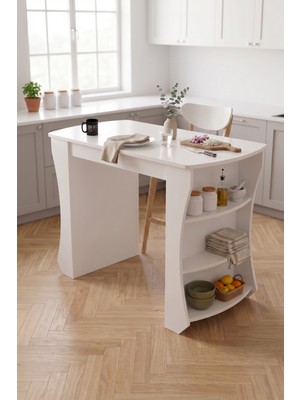 Bezos Mutfak Masası Mutfak Adası Ada Masa Bar Masası Kahvaltı Masası Raflı Çok Amaçlı Dolap Modern Masa 120X60 cm 9837 Beyaz