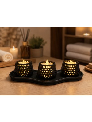 Bezos 3D Baskı Dekoratif Mumluk Seti - Desenli Tealight ve Masaüstü Aydınlatma Objesi-Siyah