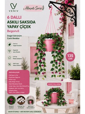 Veniv 135 cm Yapay Begonvil Çiçeği – 5 Dallı Pembe Askılı Saksı | Dekoratif Balkon, Teras ve Bahçe Çiçeği