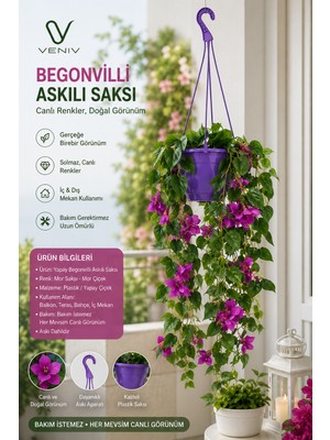 Veniv 135 cm Yapay Begonvil Çiçeği – 9 Dallı Mor Askılı Saksı | Dekoratif Balkon, Teras ve Bahçe Çiçeği