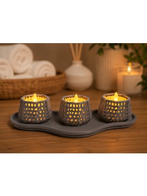 Bezos 3D Baskı Dekoratif Mumluk Seti - Desenli Tealight ve Masaüstü Aydınlatma Objesi-Gri
