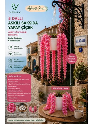 Veniv 135 cm Yapay Akasya Sarmaşığı (Wisteria) – 5 Dallı Pembe Sarkıt Çiçek, Beyaz Askılı Saksı
