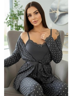 Pijama Evi Füme Mini Puan Desenli Bambu Sabahlıklı Kadın Pijama Takımı
