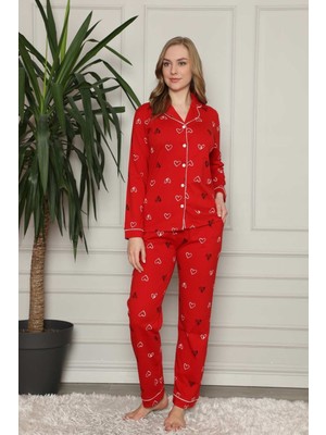 Farya Home Pamuklu Kalp Desenli Uzun Kollu Düğmeli Gömlek Pijama Takımı