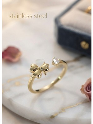 Stainless Steel Gold Renk Yonca Model Sedefli Çelik Yüzük