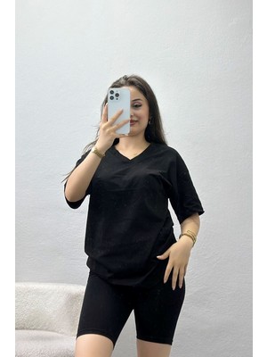 Belendir Kadın V Yaka Oversize Lüx Penye Siyah