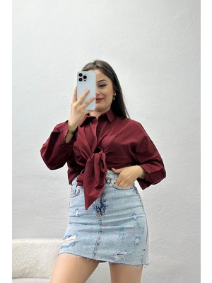 Belendir Kadın Terikoton Oversize Gömlek Bordo