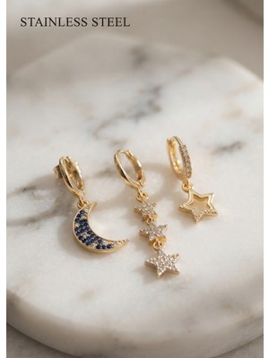 Stainless Steel Pirinç Gold Renk Zirkon Taşlı Ay ve Yıldız Ysx Trio Küpe Set