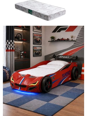 Setay Arabalı Yatak, Turbo Gtı Rüzgarlıklı Ledli Arabalı Çocuk Yatağı - Kırmızı - 1 Adet Comfort Yatak