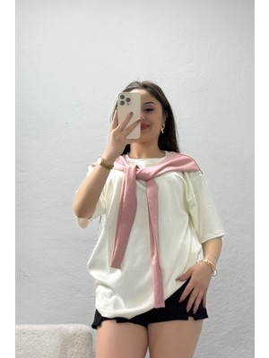 Belendir Kadın Şal Aksesuarlı Modal Kumaş Tişört Beyaz Pembe