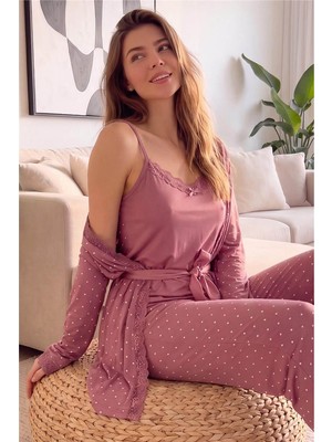 Pijama Evi Pudra Mini Puan Desenli Bambu Sabahlıklı Kadın Pijama Takımı