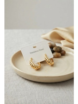 Renas Store 316L Çelik Gold Renk Kıvrımlı Halka Model Küpe
