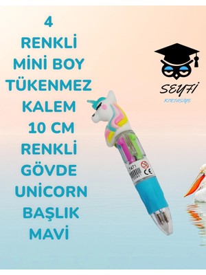 Mikasso 4 Renkli Mini Boy Tükenmez Kalem 10 cm Renkli Gövde Unicorn Başlık Mavi