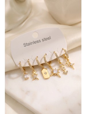 Renas Store 316L Çelik Gold Renk Kutup Yıldızı Detaylı Kadın Küpe Seti