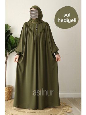 Asilnur Moda Elif Ferace Şal Hediyeli Takım Yağ Yeşili
