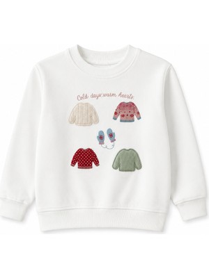 Divonette Kız Çocuk Kazak Baskılı Oversize Sweatshirt Ekru