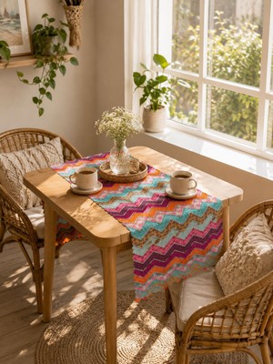 Yelay Home Renkli Zigzag Desenli Bohem Masa Runnerı- Masa Örtüsü Su Tutmaz, Çabuk Kurur, Kırışma Yapmaz