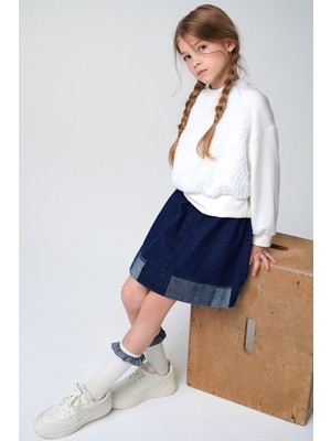 SheShe Kürk Detaylı Örme Kız Çocuk Sweatshirt ve Jean Etek Takım