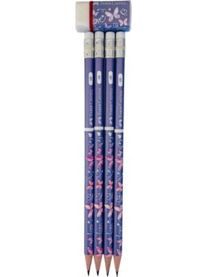 Mikasso Faber-Castell Kelebek Silgili Kurşun Kalem Seti  (4 Kalem+ 1 Silgi) Mor