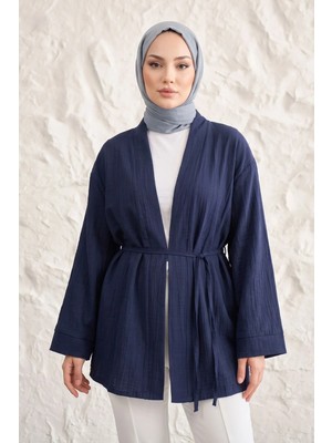 Modestim Önü Bağlamalı Kimono Tesettür Tunik Lacivert Oversize Yeni Sezon Rahat Kalıp Önü Baglamalı Tesettür Tunik