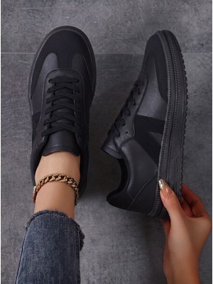 Esport Kadın Sneaker Yüksek Taban Ortopedik Bağcıklı Spor Ayakkabı Retro Siyah 011