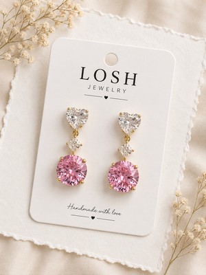 Moda Premium Seri Kalp Figürlü Pembe Kristal Taşlı Kadın Küpe